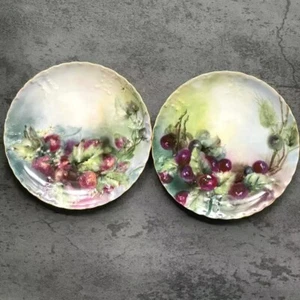 2x Antique Haviland & Co Salad Plates 7.5" Hand Painted Fruits Limoges Gold Trim - Bild 1 von 5
