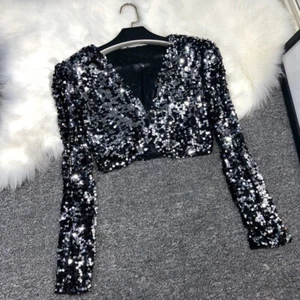 Lady Sequin Crop Jacket Cardigan Long Sleeve Shirt Top Stage Dance Costume Shiny - Picture 1 of 14