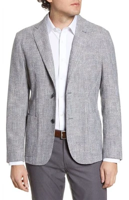 Nordstrom Signature 男式装饰合身碧玉格子运动外套 42 长灰色/蓝色 — 第 1/4 张图片