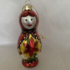 Glass Russian Nesting Doll Red Gold Hand Painted Christmas Ornament 4.25"
