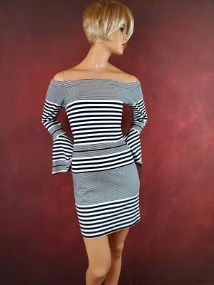 САХАР ГУБЫ M с плеча оболочка платье Bell рукава черный и белый полоски - Изображение 1 из 4