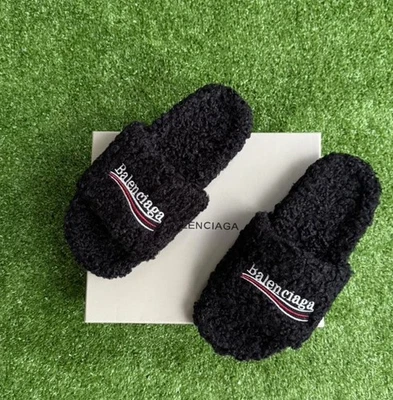 Black Balenciaga Fur Slides - Image 1 of 2