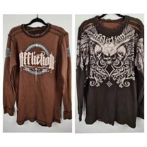 Affliction Wings Reversible Thermal Long Sleeve Shirt XL Wings Y2K Brown Skull - Picture 1 of 11