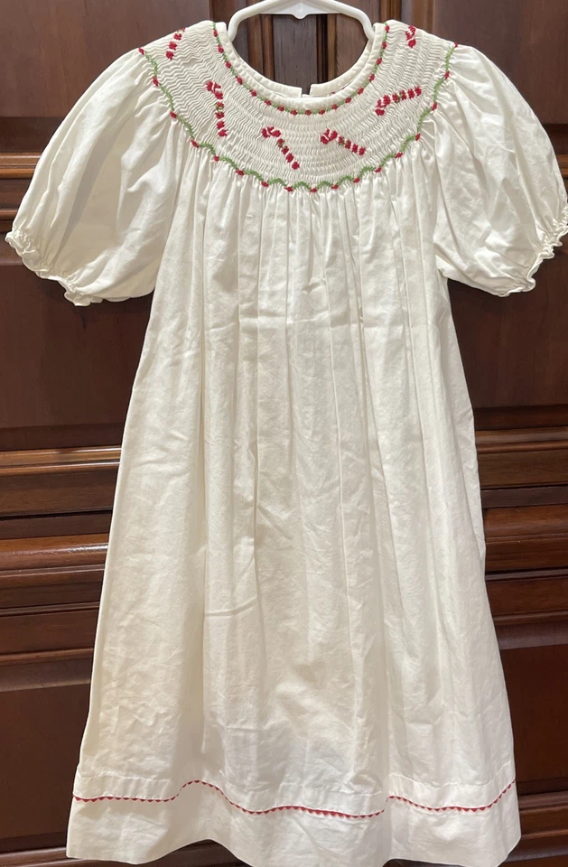 经典 ANIVINI SMOCKED CHRISTMAS 连衣裙 白色 6x CANDYCANES 二手 — 第 1/4 张图片