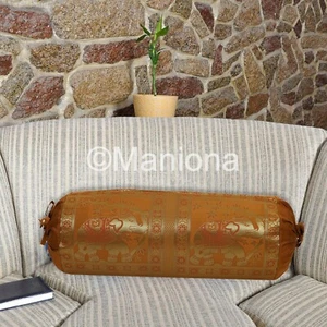 Yellow Bolster Elephant Print Cover Cylinder Yoga Sofa Pillow Cover Style Kantha - Picture 1 of 6