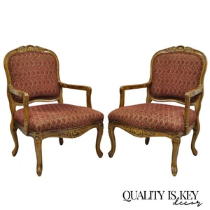 French Country Style Shell Carved Wood Burgundy Upholstered Lounge Chairs - Pair - Picture 1 of 12