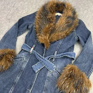 Vintage Guess Penny Lane Coat Faux Fur Collar Denim Jean Trench Long 90s Y2k MED - Picture 1 of 19
