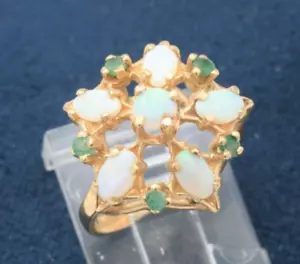 Antique Vintage Estate Multi Opal & Emerald Gemstone Cluster Ring 14K Gold - Picture 1 of 6