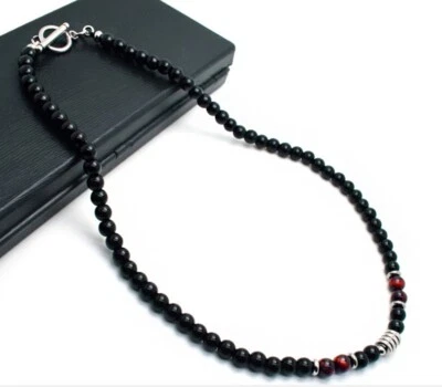 Collar de acero inoxidable con cuentas energéticas de piedra de ágata/ ojo de tigre rojo 17" para hombre/mujer Foto 1 de 2