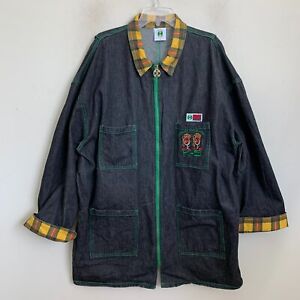 Cross Colours Vtg 1990s Hip Hop K-9 Work Jacket Logo Denim Plaid Collared Zip 4X