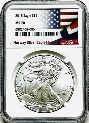 2018 $1 SILVER EAGLE NGC MS70 NORWAY SILVER EAGLE HOARD - Image 1 of 2