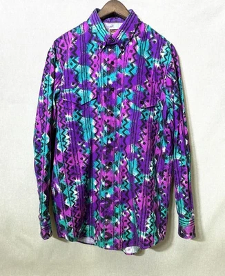 Vtg Karman Cowbpy Rodeo Western Aztec Tribal Button Shirt Purple Retro L - Image 1 of 4