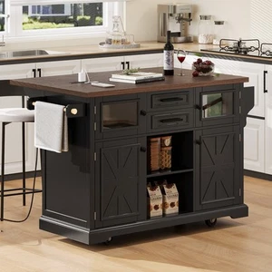 Kitchen Island with Drop Leaf, Power Outlet, Kitchen Storage Cart with 4 Door - Picture 1 of 24