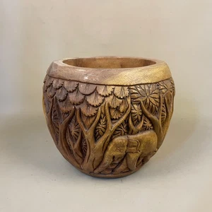 Vintage Handgeschnitzt Indisch Übertopf Pflanztopf Rund Holz Handarbeit Elefant Schale - Bild 1 von 11