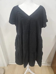 Old Navy Women's XL Midi Cotton Dress Black Baby Doll Tie Back W Pockets - Picture 1 of 8