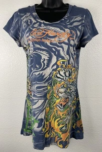 Vintage 90s Y2K Women's Ed Hardy Short Sleeve TShirt Size M Gray Tiger Tattoo - Picture 1 of 14