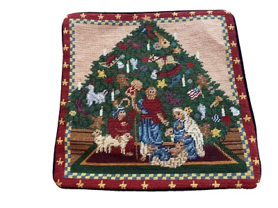 NEW Wool Needlepoint Pillow Cover Christmas Tree Americana Nativity Scene 14" - Image 1 of 4