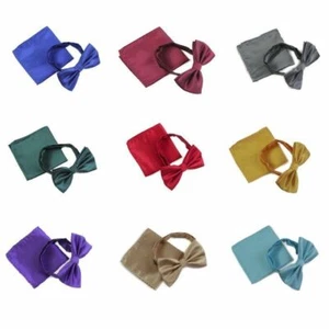 Check Bow Tie + Matching Pocket Square Hanky Handkerchief Black Blue 2Pc Set - Picture 1 of 24