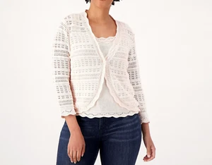 Maglione Shrug all'uncinetto Isaac Mizrahi Pointelle manica a 3/4 - Grazioso rosa, XS - Foto 1 di 1