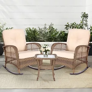 3PCS Patio Wicker Rocker Chair Set Outdoor Rattan Bistro Rocking Chair Table Set - Picture 1 of 92