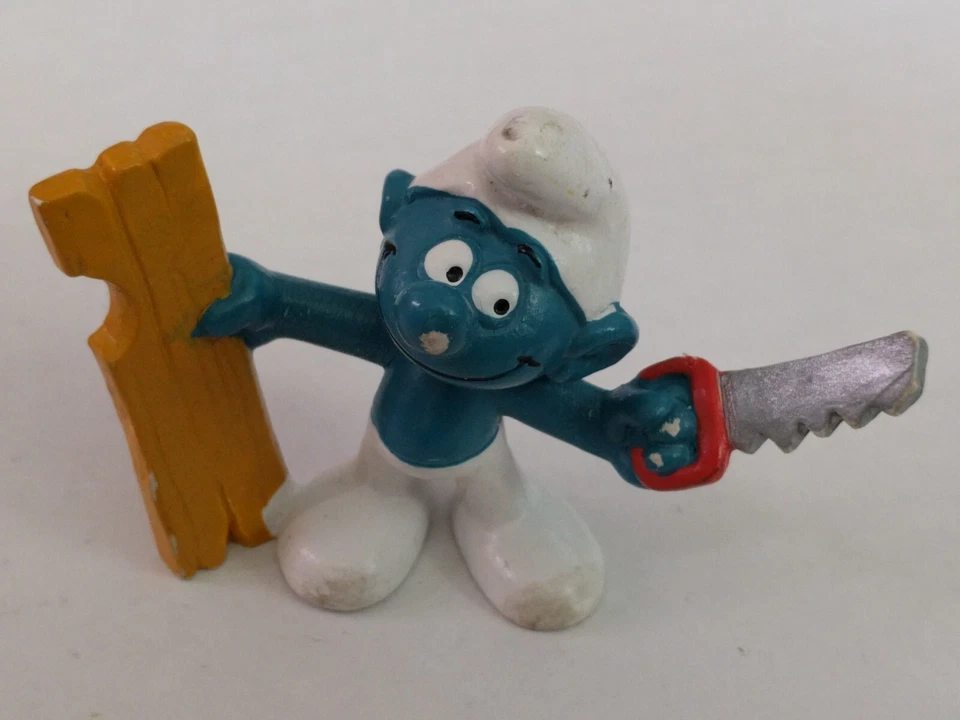 Estatuilla de PVC pitufo Schleich vintage RARA 2.0112 sierra de madera de carpintero con Alemania Foto 1 de 4