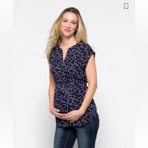 LE LIS Praji Maternity Tie Front Blouse Bird Pattern Navy Blue Medium - Picture 1 of 6