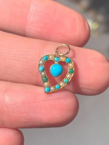 Colgante Victoriano Oro 15ct Turquesa Natural Semilla Perla Corazón - Imagen 1 de 6