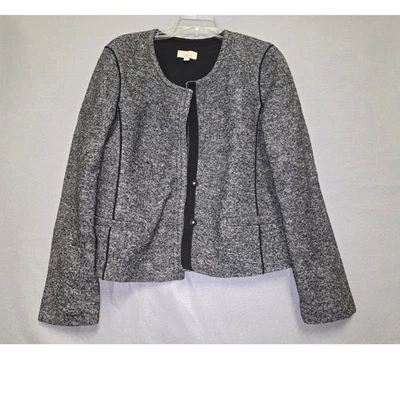 Jaqueta Blazer LOFT Feminina Preta e Cinza Tweed Sem Gola Tamanho 14 Mistura de Lã - Imagem 1 de 4