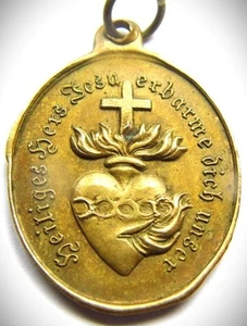 Flaming Sacred Hearts of Mary & Jesus Antique Brass Holy Medal Catholic Old text - Picture 1 of 3