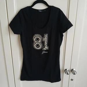 Guess 81 Ladies Tee Shirt. Black With Pearl detailing. Size XS. Pre Loved - Picture 1 of 6