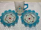 2 Vintage 50s Russian Jeweled Turquoise Blue Hobnail Glass Coffee Saucers + Cup