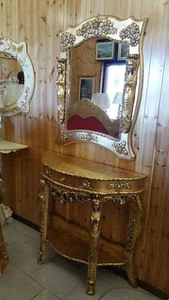 CONSOLLE CON DAME E SPECCHIO IN LEGNO DECORO FOGLIA ORO ENTRATINA SOGGIORNO - Picture 1 of 1