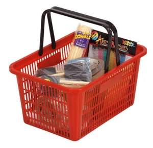 Cesta de compras roja de plástico para venta al por menor de 12" x 17" asas de supermercado - Imagen 1 de 13