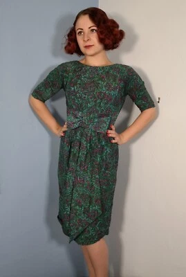 1950-х годов винтажный синий зеленый розовый платье Miss Brooks середины века бант коктейль - Изображение 1 из 4