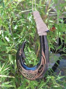 Hawaiian Hand Made Wall Home Decor Solid Black Wood Polynesian Fish Hook - Picture 1 of 9