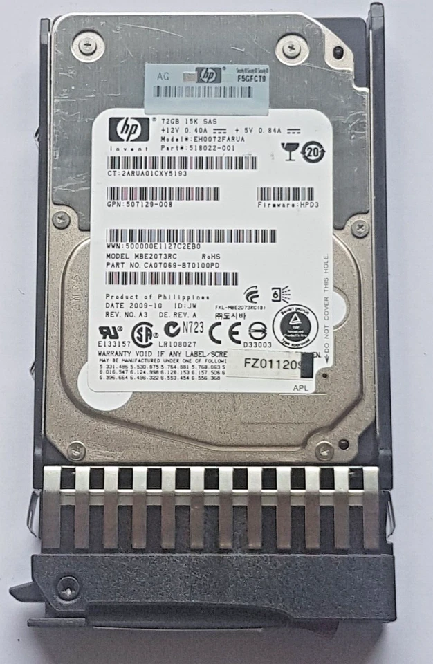 72 GB SAS HP EH0072FARUA MBE2073RC 15000 RPM 16MB HDD 2.5" Disco Rigido + Caddy - Immagine 1 di 1