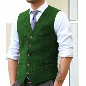 Chaleco de tweed negro de caza para hombre vintage espiga boda lana novio ++ - Imagen 1 de 24