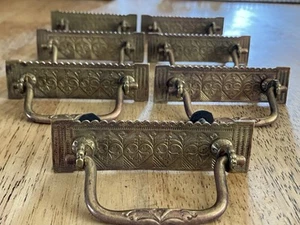(7) Ornate Stamped BRASS Heart Flower Victorian Eastlake Antique Drawer Pulls - Picture 1 of 10