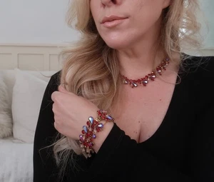 Vintage Kramer Demi-Parure Red Aurora Borealis AB Teardrop Pink Dangle Balls - Bild 1 von 17