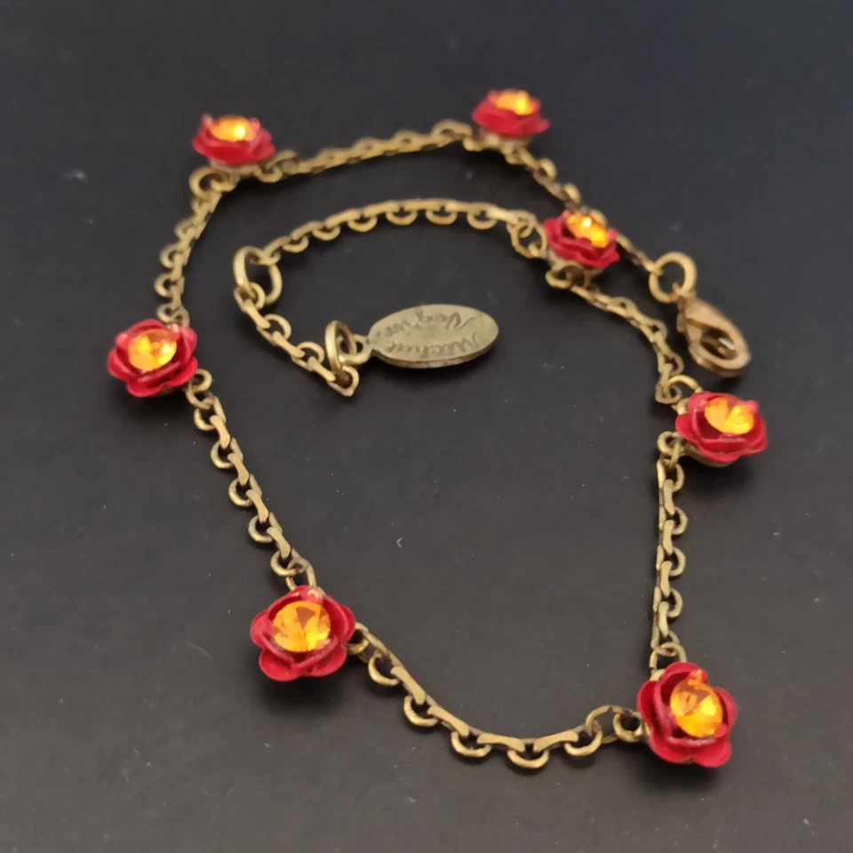 Pulsera Tobillera Michal Negrin Rosas Rojas Naranja Cristales Romántica Brillante De Colección Foto 1 de 4