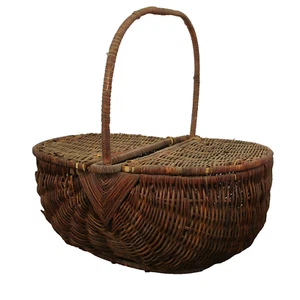 Antique Woven Market / Picnic Basket Handle & Lid 13 Inch Vintage Wicker Decor - Picture 1 of 11