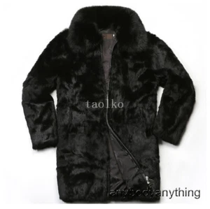 Men's Real Rabbit Fur Fox Fur Mid Long Coat Lapel Collar Winter Parka Jacket 5XL - Picture 1 of 15
