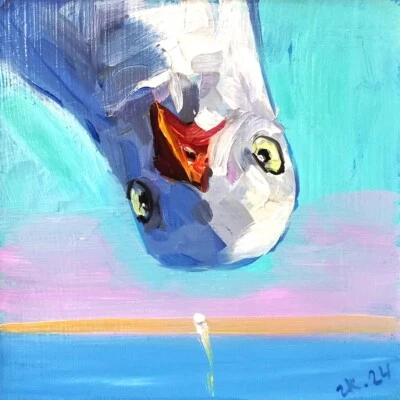 Original Oil Painting Seagull Bird Funny Animals Portrait Signed Made to Order
