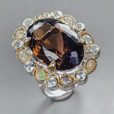 Joyería 24 ct+ Anillo Cuarzo Ahumado Natural Plata de Ley 925 Talla 8/R437925 Foto 1 de 4