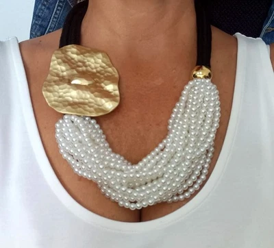 Statement Modeschmuck Perlen Blume Collier Kette 62-67 cm - Bild 1 von 4