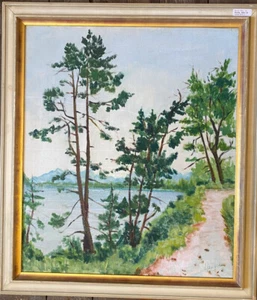 Oil painting signed Laugel hiking trail by the lake with fir and pine forest - Picture 1 of 6