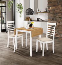 Small Solid Wooden Drop Leaf Dining Table and 2 Chairs Set in White & Oak Finish