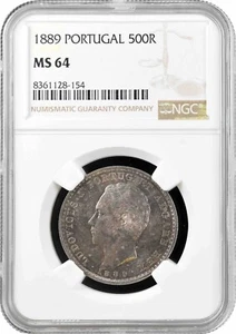 Portugal 500 reis 1889, NGC MS64, "King Luís I (1861 - 1889)" silver coin - Picture 1 of 2