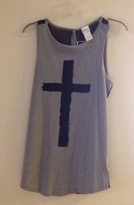 WORD OF MOUTH GRAY WITH BLACK CROSS SLEEVELESS TOP SIZE MEDIUM NWT - Picture 1 of 2