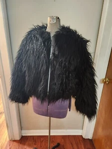 Vintage 1960s Shag Jacket Small Black Long hair Lined Coat Zip Up 3/4 Sleeve - Picture 1 of 9